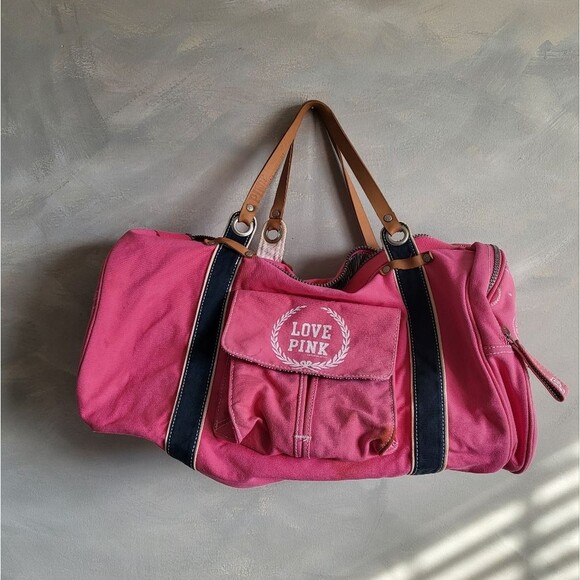 Vintage VS PINK Canvas Duffel Bag Love Pink Blue  Weekender 19 x 12 XL NO STRAP - Picture 1 of 16